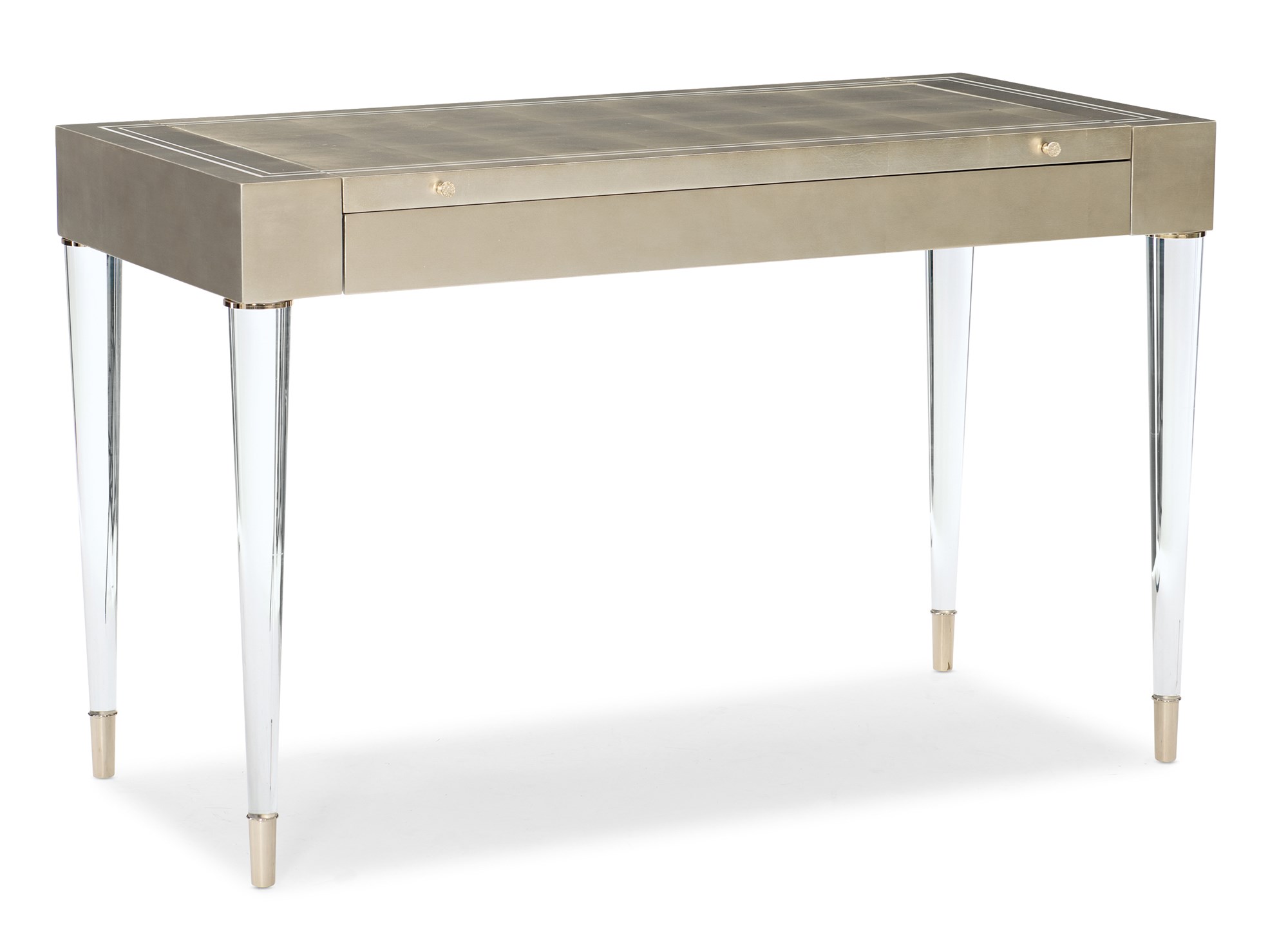 Moment Of Clarity Console Table by Caracole – Soft Silver Leaf finish with silkscreen design on top and lift-top compartment revealing mirror.