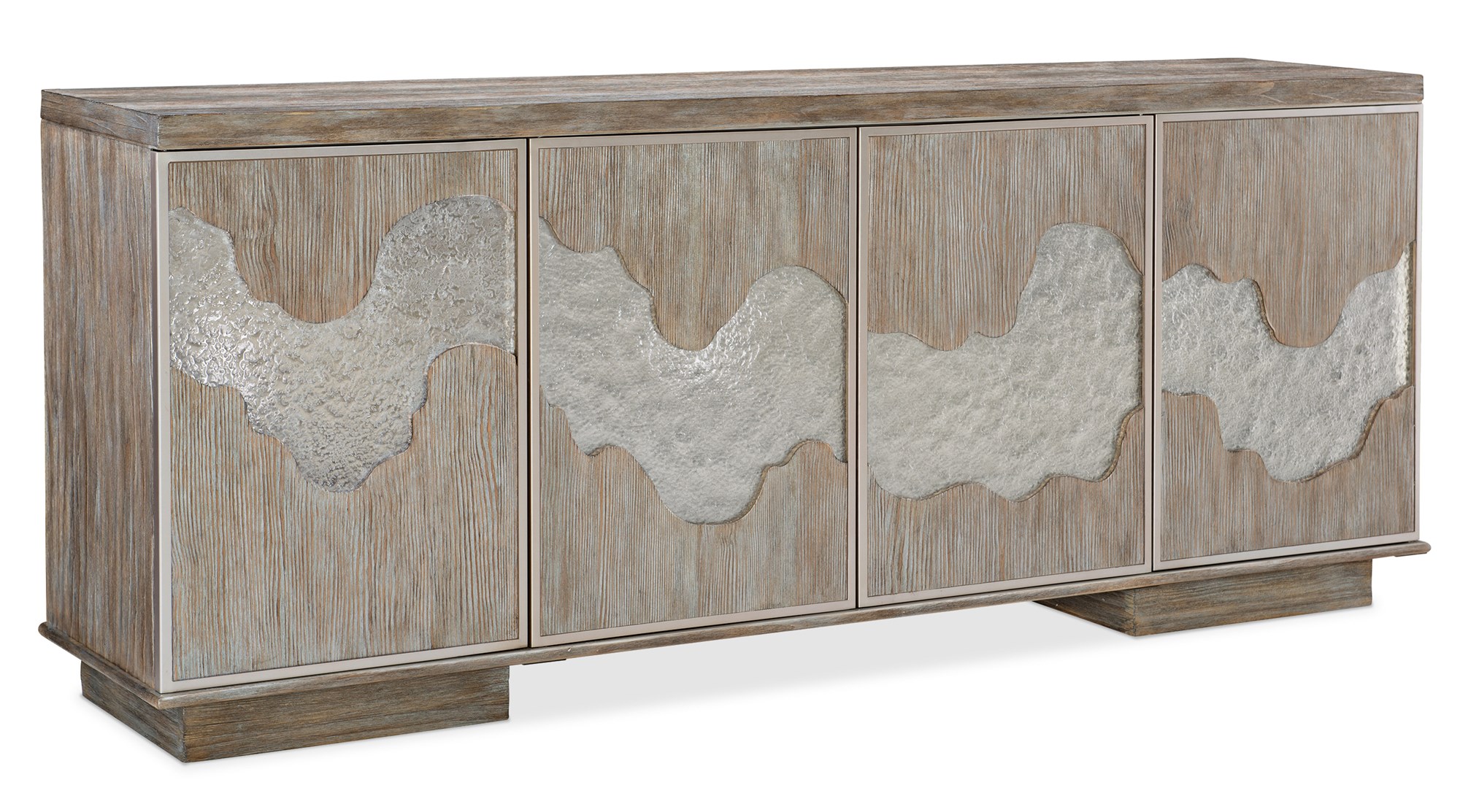 Go With The Flow Sideboard by Caracole in Driftwood finish, featuring four doors with custom-cast frosted glass panels framed in Neutral Metallic, illuminated interior with adjustable glass shelves, and Whisper of Gold pull tabs