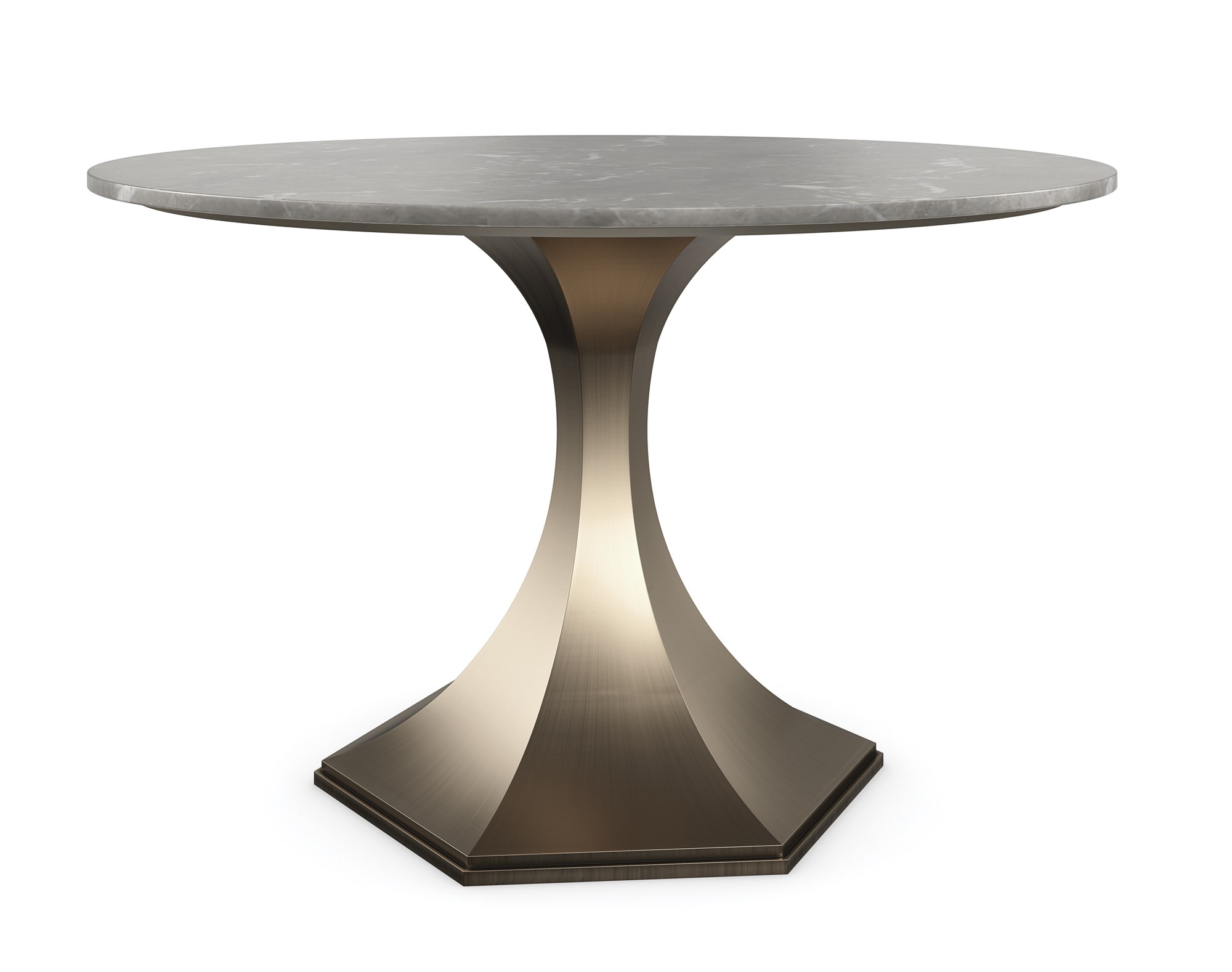 The Top Brass dining table by Caracole featuring a stunning gray Armani sintered stone top with marble-like veining and a brushed antique brass pedestal base.