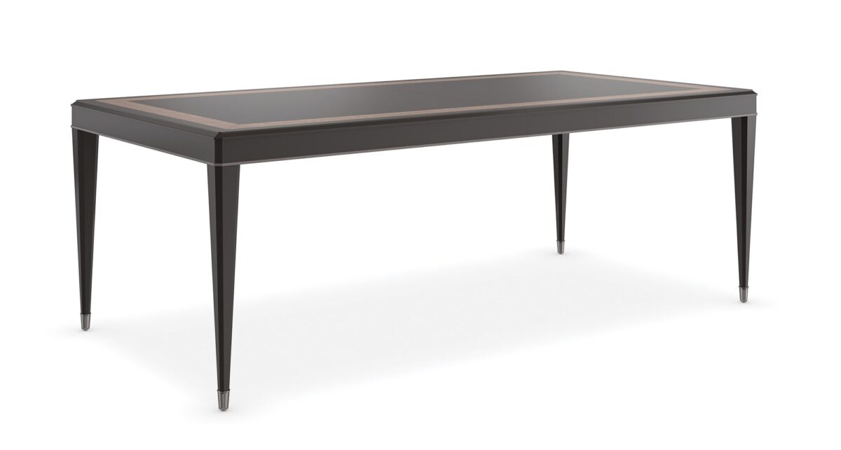 Full Score Dining Table by Caracole in Dark Chocolate with Tigra Chocolate border inlay, featuring Charcoal striping on apron molding and Deep Bronze metal ferrules, extending to 150" with three 22" leaves and a center support leg.
