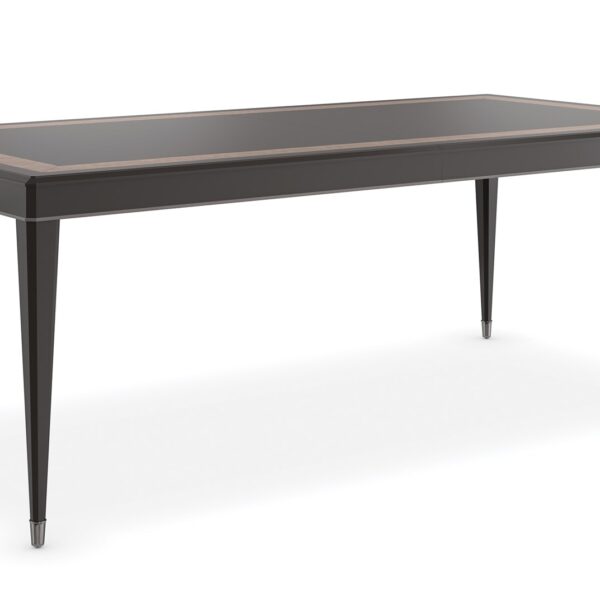 Full Score Dining Table by Caracole in Dark Chocolate with Tigra Chocolate border inlay, featuring Charcoal striping on apron molding and Deep Bronze metal ferrules, extending to 150" with three 22" leaves and a center support leg.
