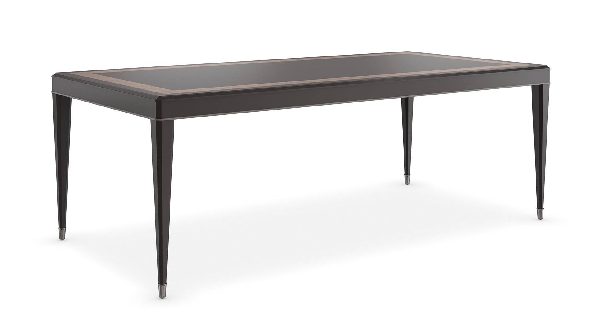 Full Score Dining Table by Caracole in Dark Chocolate with Tigra Chocolate border inlay, featuring Charcoal striping on apron molding and Deep Bronze metal ferrules, extending to 150" with three 22" leaves and a center support leg.