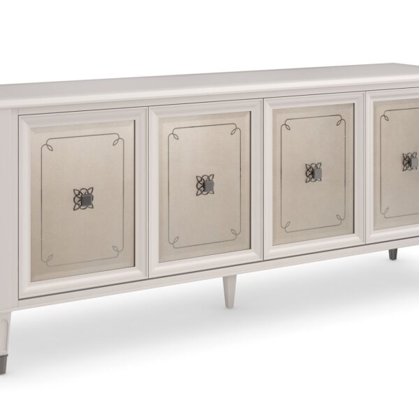 Lattice Serve You Sideboard by Caracole in Stardust finish, featuring mirrored door fronts with Soft Silver stenciled quatrefoil pattern, Deep Bronze ferrules, and ample interior storage with adjustable shelves and drawer.