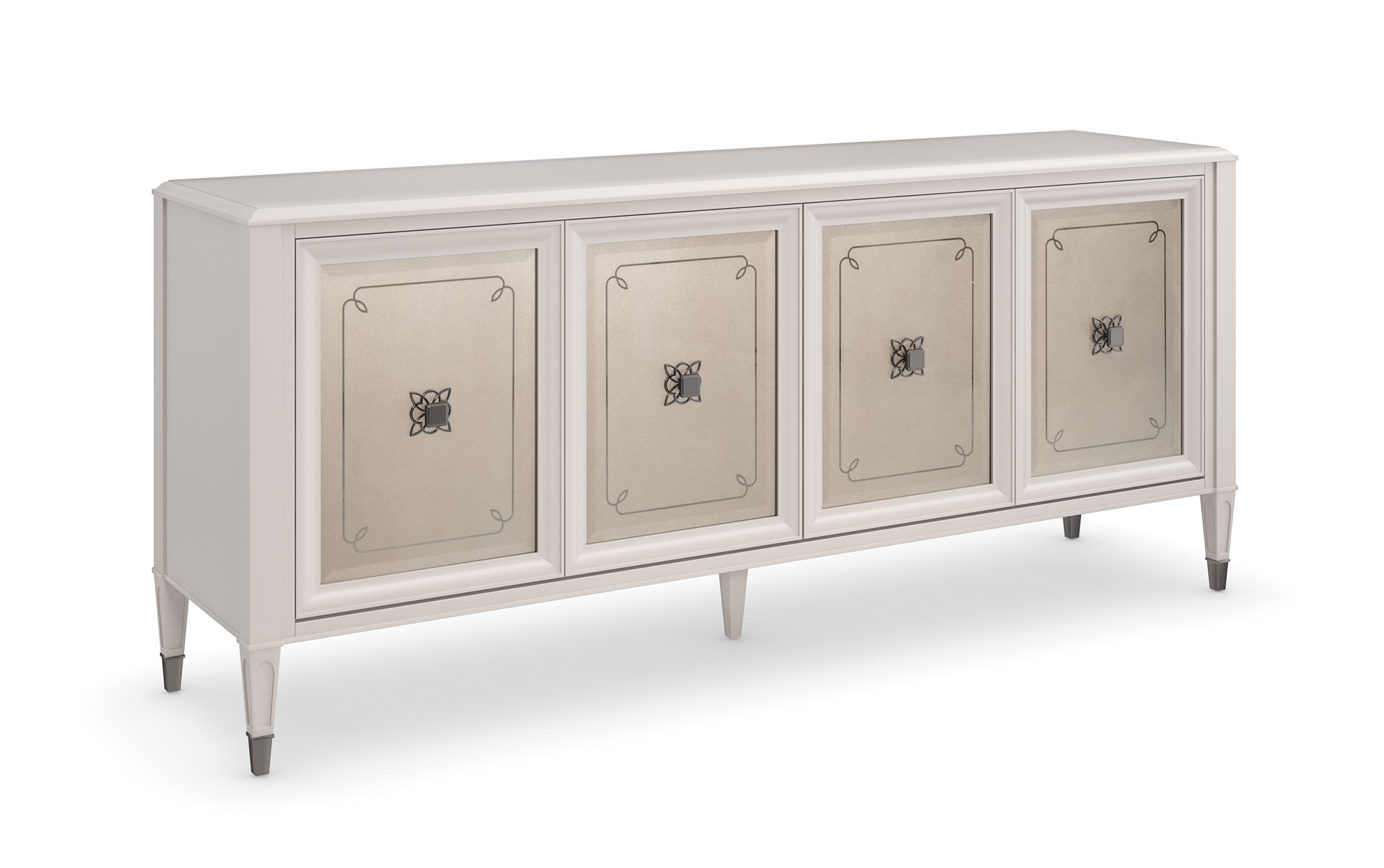 Lattice Serve You Sideboard by Caracole in Stardust finish, featuring mirrored door fronts with Soft Silver stenciled quatrefoil pattern, Deep Bronze ferrules, and ample interior storage with adjustable shelves and drawer.