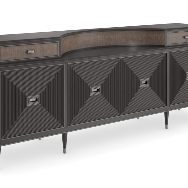 Gallerie Sideboard by Caracole in Dark Chocolate finish with reeded door fronts, Charcoal bead striping, and Dark Tiger Maple semi-circle gallery.
