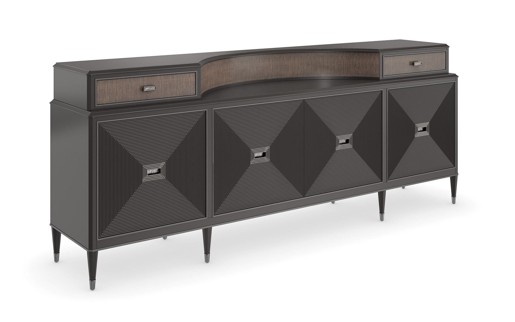 Gallerie Sideboard by Caracole in Dark Chocolate finish with reeded door fronts, Charcoal bead striping, and Dark Tiger Maple semi-circle gallery.