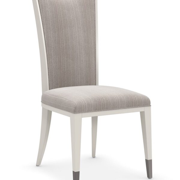 Lady Grey Side Chair by Caracole featuring soft grey upholstery and slender wooden legs.