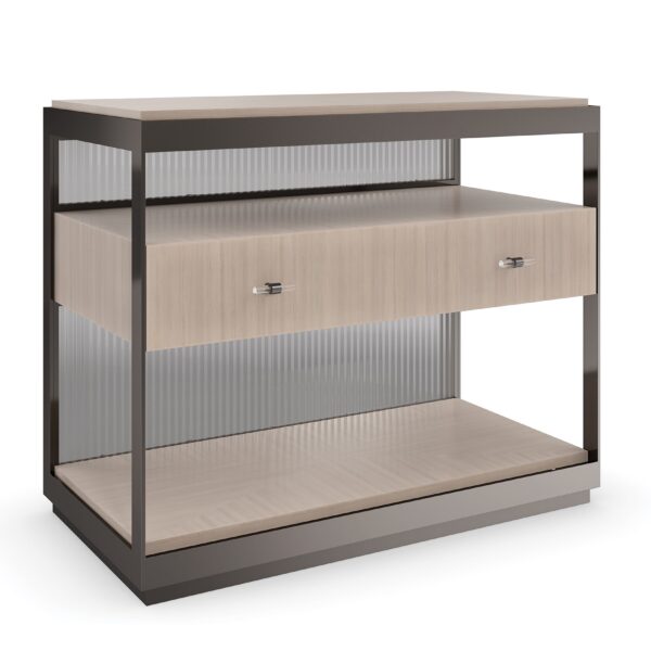 Falling Waters End Table by Caracole – Single drawer with reeded glass back panel and open shelf below, crafted in Japanese Sen veneers and finished in Woodland Gray