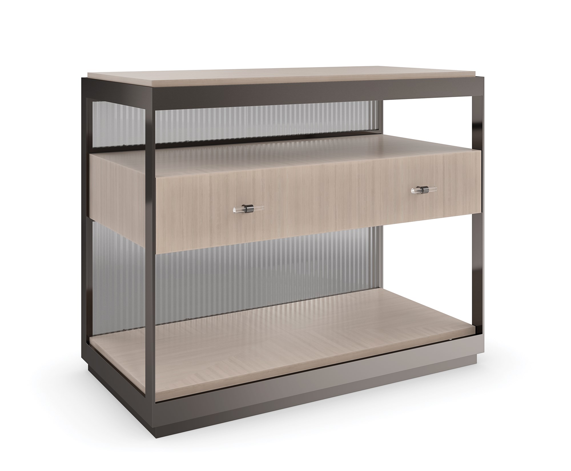 Falling Waters End Table by Caracole – Single drawer with reeded glass back panel and open shelf below, crafted in Japanese Sen veneers and finished in Woodland Gray