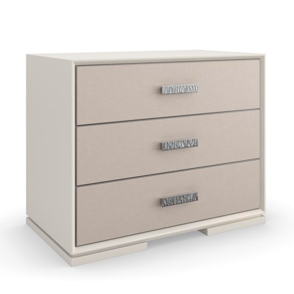 Silver Lining Nightstand by Caracole featuring a metallic silver finish and soft-close drawers.