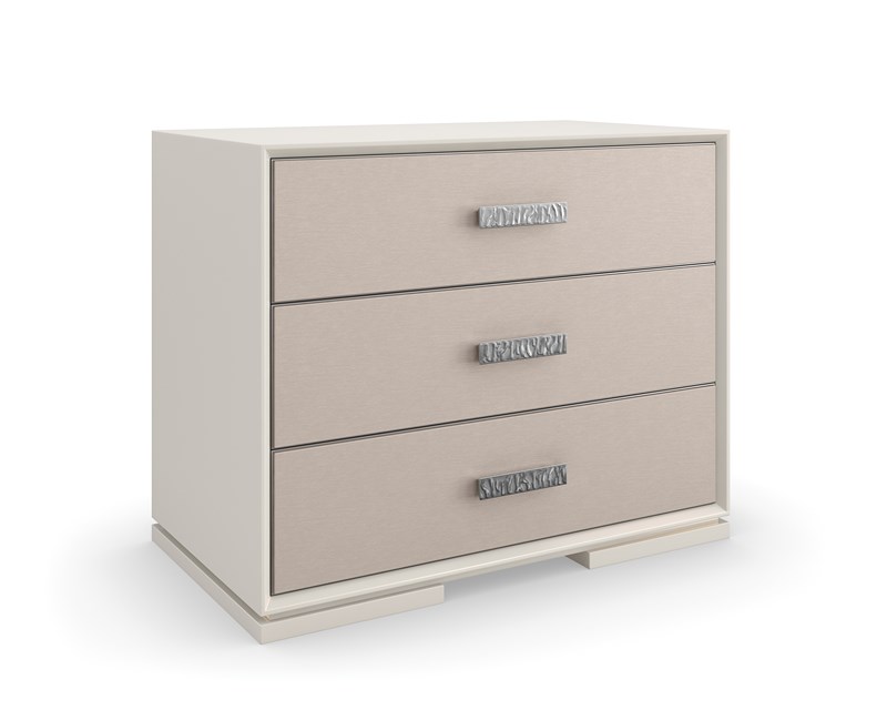 Silver Lining Nightstand by Caracole featuring a metallic silver finish and soft-close drawers.