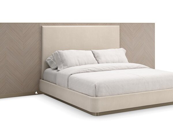 Luxurious Caracole Anthology King Bed with Chevron-patterned Koto veneer wings and a soft wool-like flannel upholstered headboard, finished with Brushed Gold metal accents.