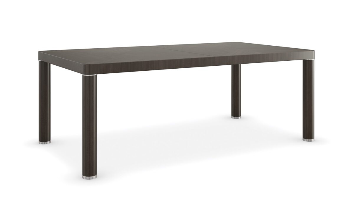 Mirror Image Dining Table by Caracole – Modern parsons-style table featuring abstract pattern in dyed tupelo and eucalyptus veneers, Polished Silver accents, and two 22” leaves for extension. Available in Royal Oak, Michigan.