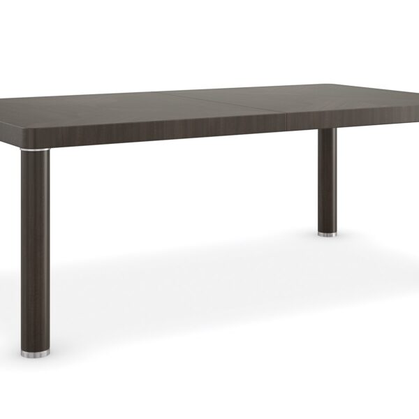 Mirror Image Dining Table by Caracole – Modern parsons-style table featuring abstract pattern in dyed tupelo and eucalyptus veneers, Polished Silver accents, and two 22” leaves for extension. Available in Royal Oak, Michigan.