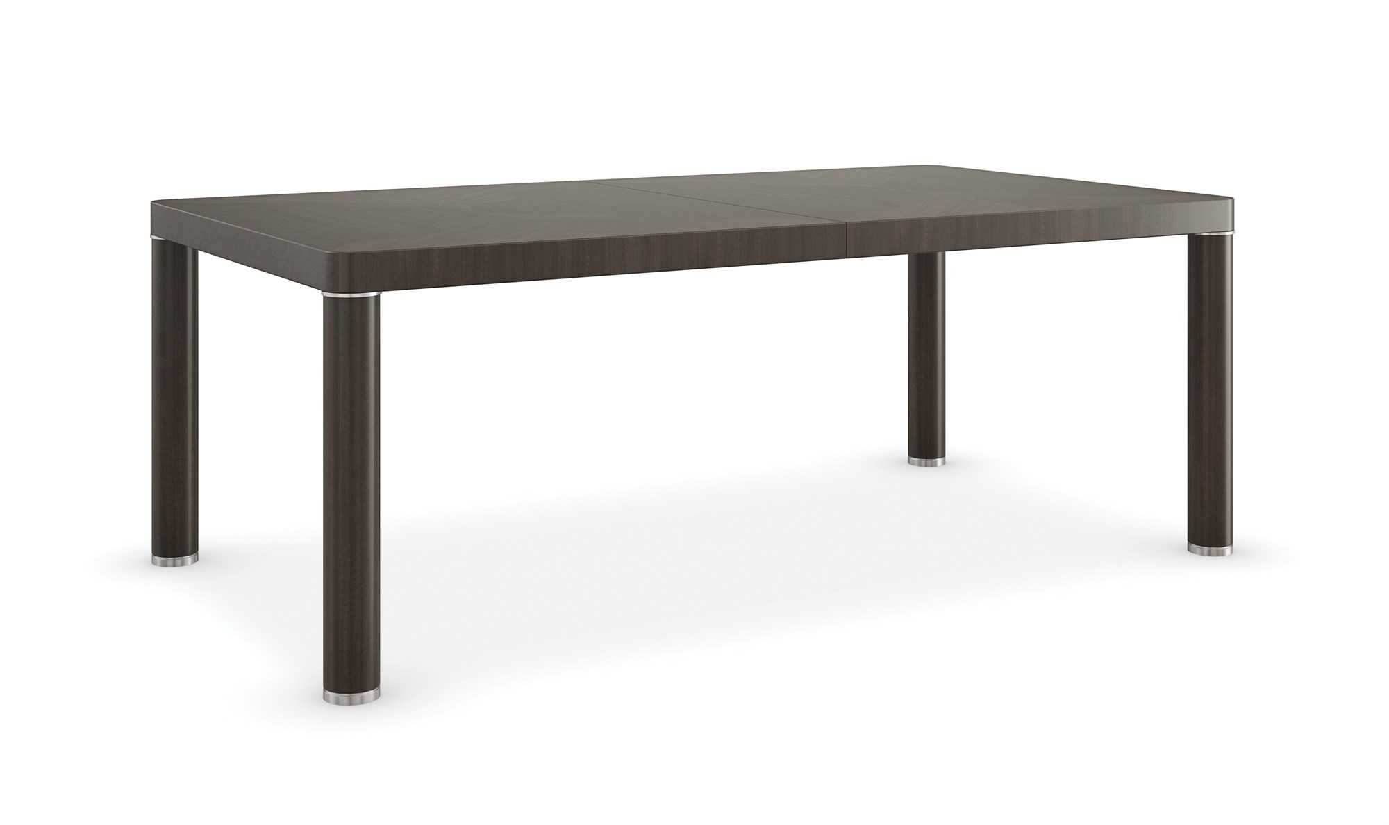 Mirror Image Dining Table by Caracole – Modern parsons-style table featuring abstract pattern in dyed tupelo and eucalyptus veneers, Polished Silver accents, and two 22” leaves for extension. Available in Royal Oak, Michigan.