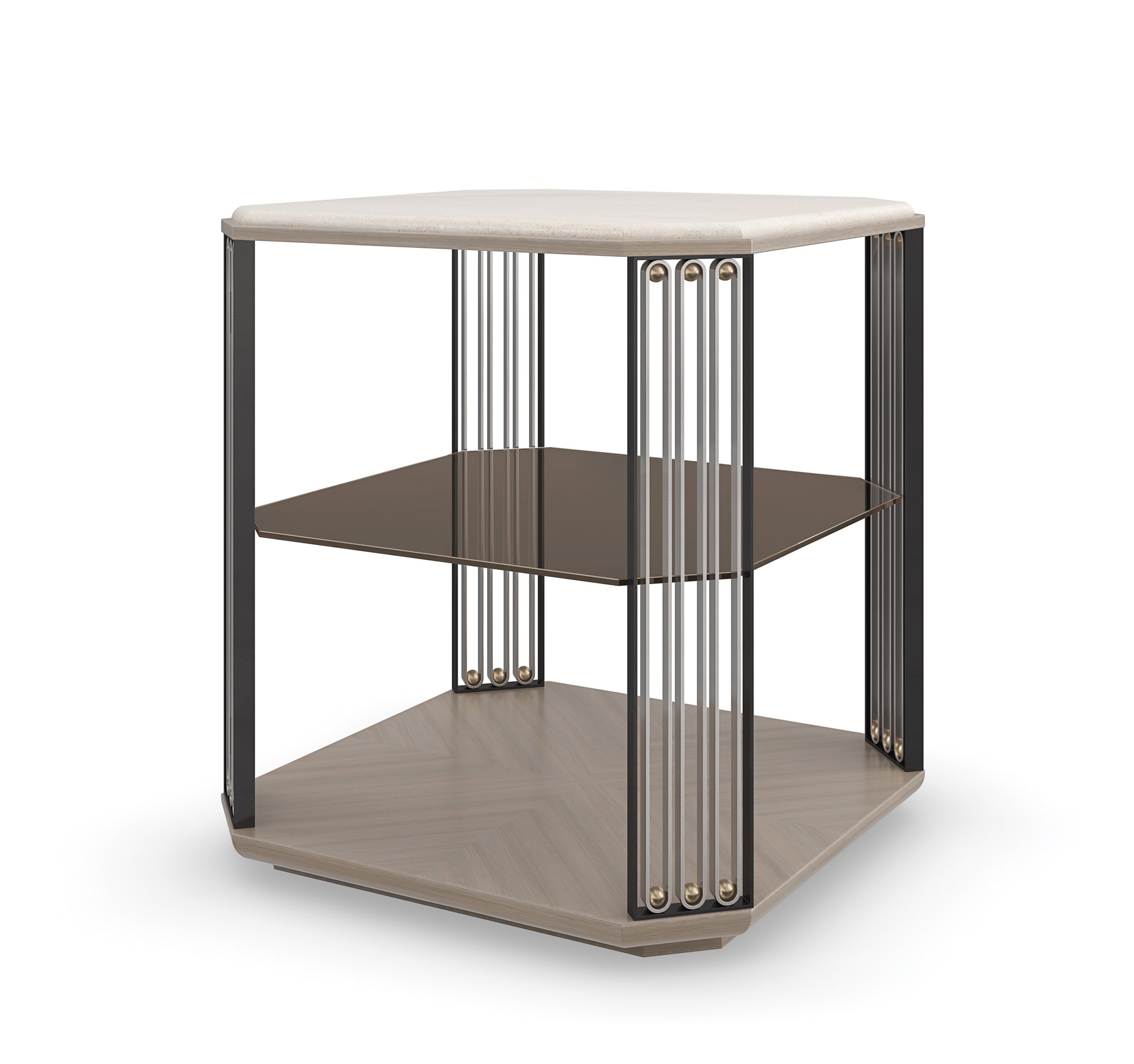 Alloy End Table by Caracole – Crème Travertine stone top with ornamental metal legs in Brushed Gold, Brushed Stainless, and Deep Bronze, featuring a smoked bronze glass shelf.