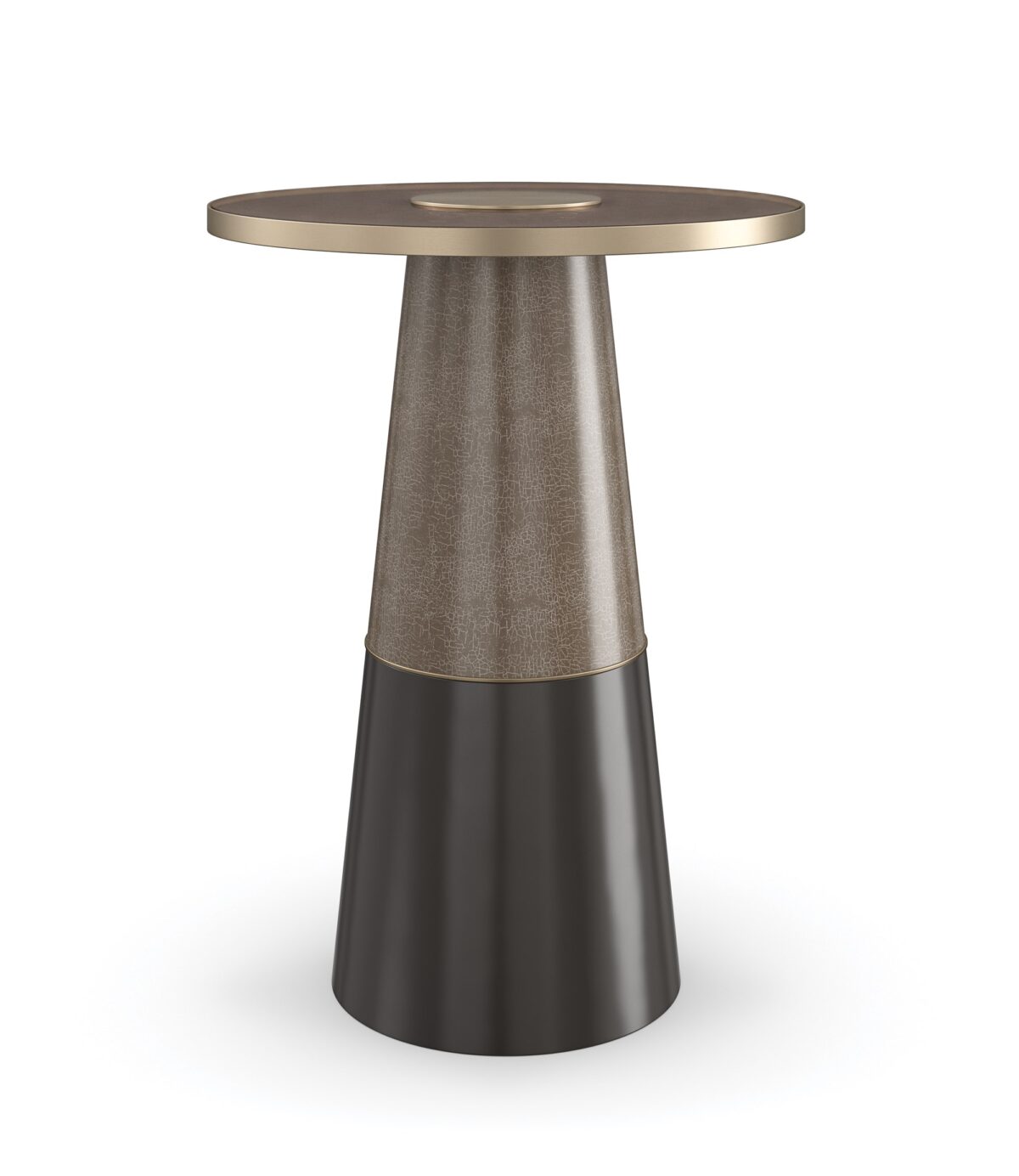 Aperture Side Table by Caracole – Smoked Bronze glass top with Brushed Gold center disc, Forest Craze and Seal Skin base columns.