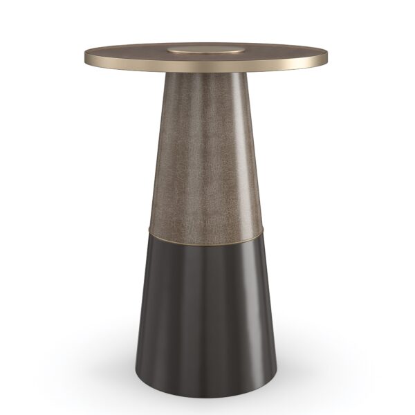 Aperture Side Table by Caracole – Smoked Bronze glass top with Brushed Gold center disc, Forest Craze and Seal Skin base columns.