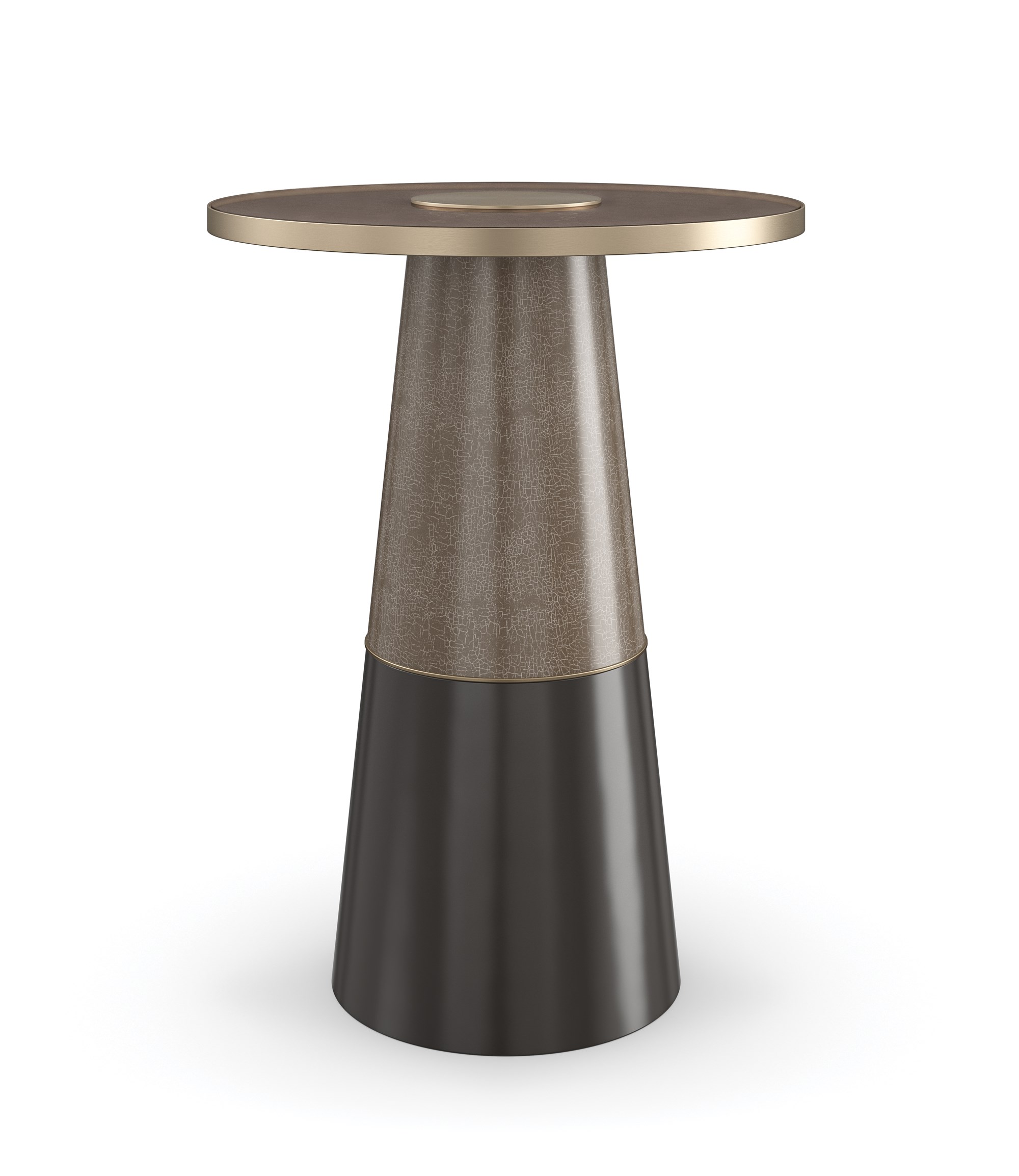 Aperture Side Table by Caracole – Smoked Bronze glass top with Brushed Gold center disc, Forest Craze and Seal Skin base columns.