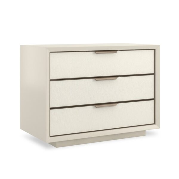 Triple Wrap console table by Caracole with layered wood veneer and metallic trim accents.