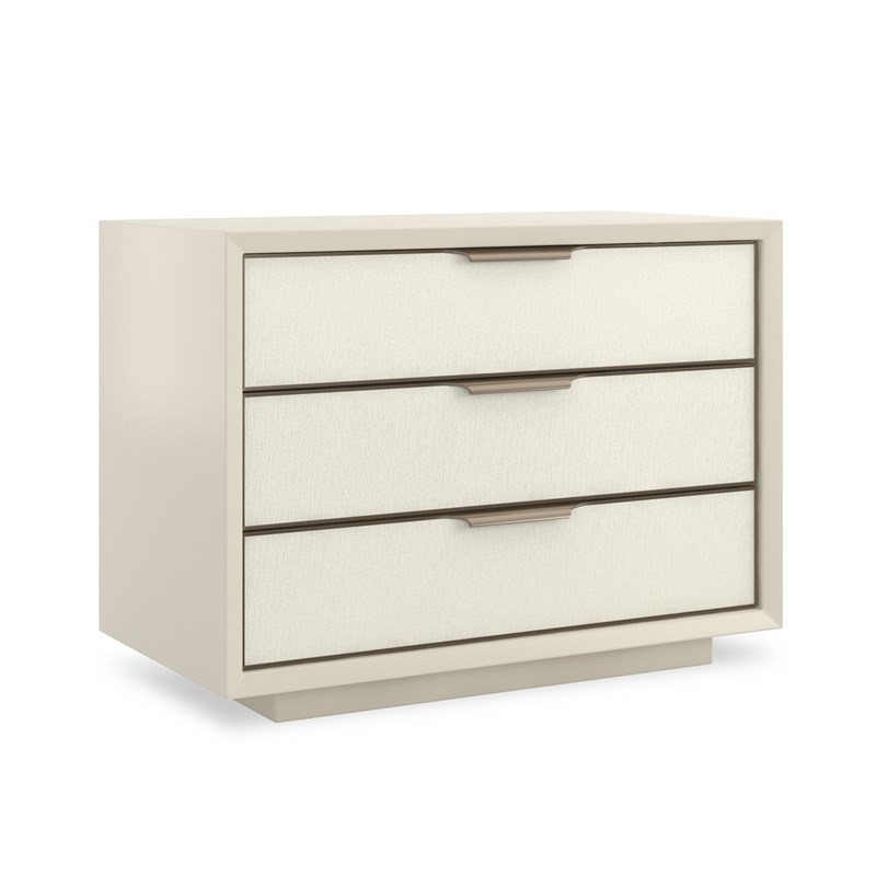 Triple Wrap console table by Caracole with layered wood veneer and metallic trim accents.