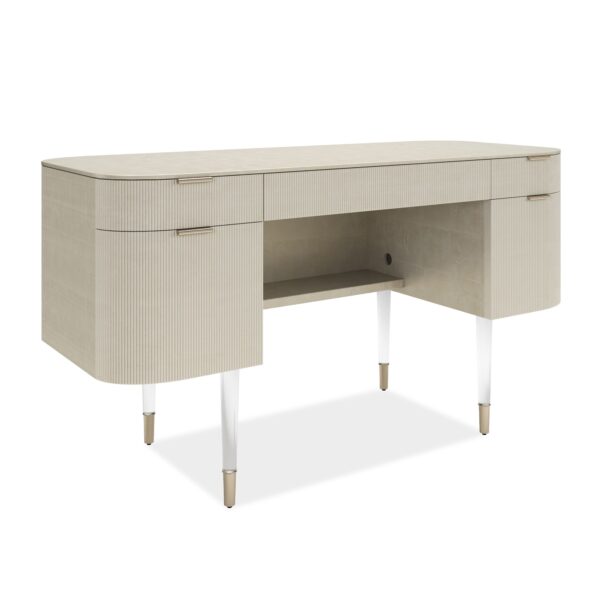 A glamorous vanity featuring a rounded silhouette with fluted detailing, finished in Matte Pearl and accented with Whisper of Gold.