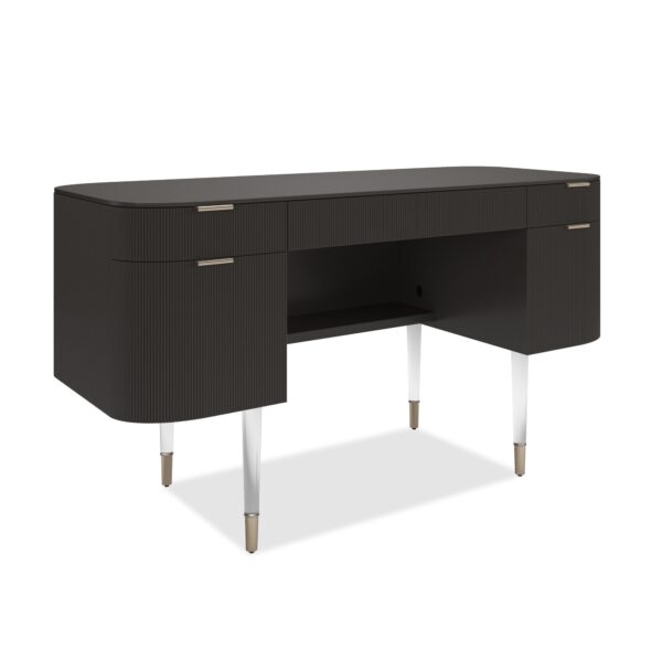 A chic desk featuring fluted sides and a rounded silhouette in a Matte Pearl finish.