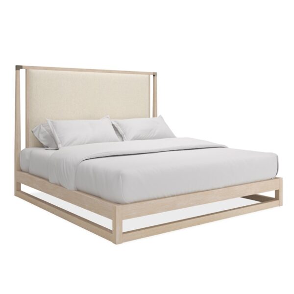 Caracole Pinstripe Upholstered King Bed Light featuring a raised, see-through frame crafted from Sun Drenched quarter sawn oak, complemented by an Ecru shimmer woven fabric headboard surrounded by an offset oak frame with Champagne Gold metal brackets, designed for mattress-only use.