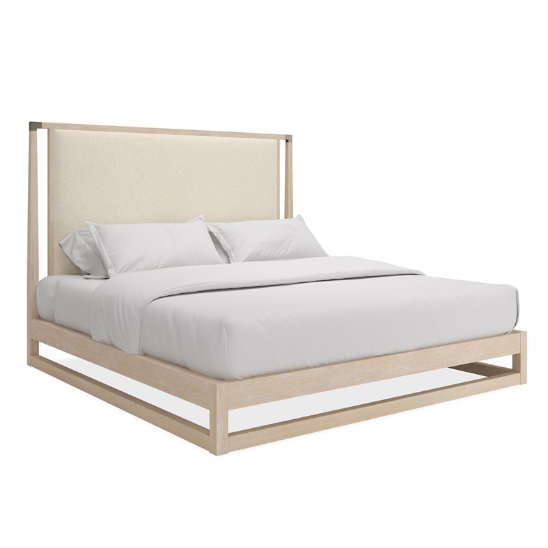 Caracole Pinstripe Upholstered King Bed Light featuring a raised, see-through frame crafted from Sun Drenched quarter sawn oak, complemented by an Ecru shimmer woven fabric headboard surrounded by an offset oak frame with Champagne Gold metal brackets, designed for mattress-only use.
