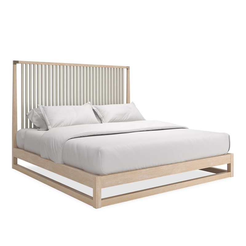 Caracole Pinstripe Slatted King Bed Light featuring a raised, see-through frame made from Sun Drenched quarter sawn oak, complemented by vertical slats in Almond Milk finish, and accented with Champagne Gold metal brackets, designed for mattress-only use.