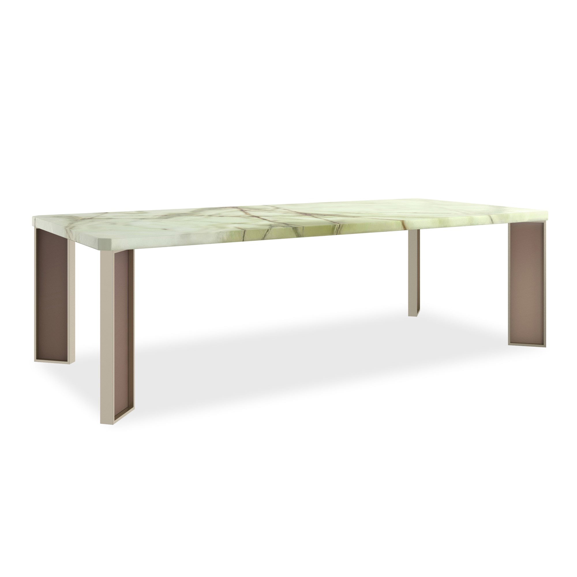 The Naturalist Dining Table by Caracole featuring a sleek green onyx stone top, complemented by a sculptural base in brushed gold and smoked bronze.