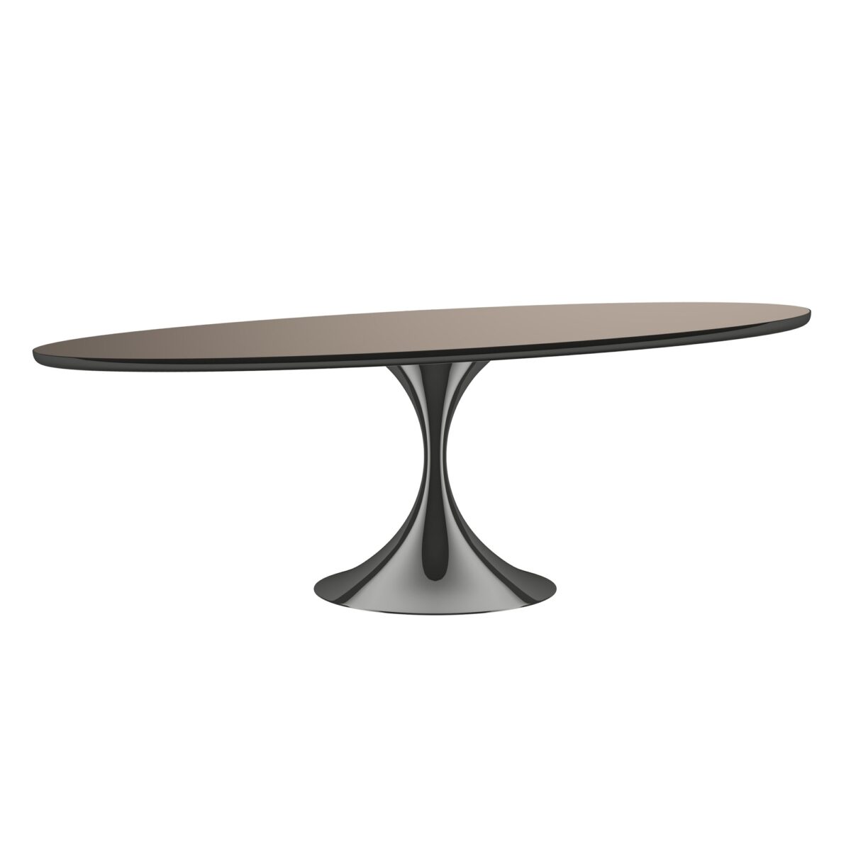 Caracole Semper 96 Oval Dining Table featuring a sculptural, stem-like metal base and a mirrored glass top, adding elegance to any dining space.