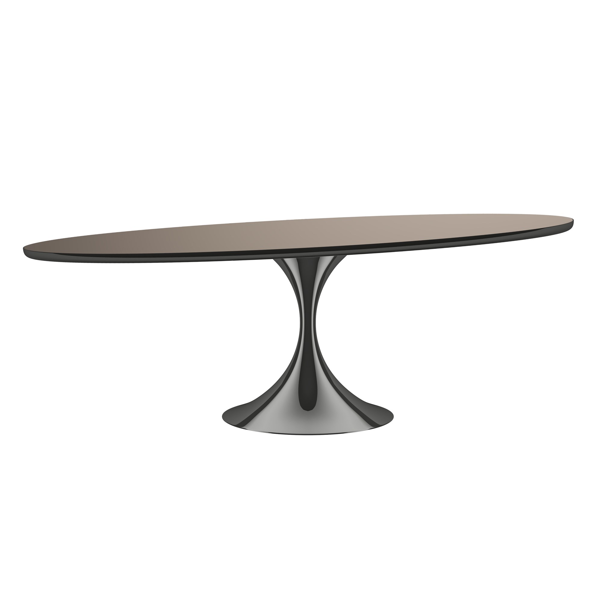 Caracole Semper 96 Oval Dining Table featuring a sculptural, stem-like metal base and a mirrored glass top, adding elegance to any dining space.
