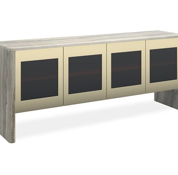 Sojourn by Caracole — a luxurious upholstered bed with a tall, channeled headboard and elegant metal accents.
