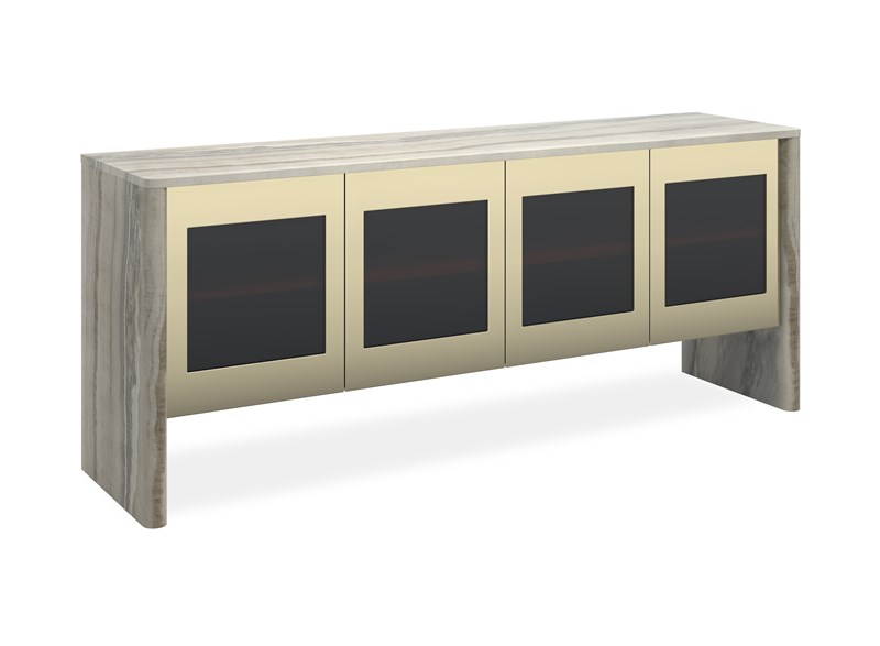 Sojourn by Caracole — a luxurious upholstered bed with a tall, channeled headboard and elegant metal accents.
