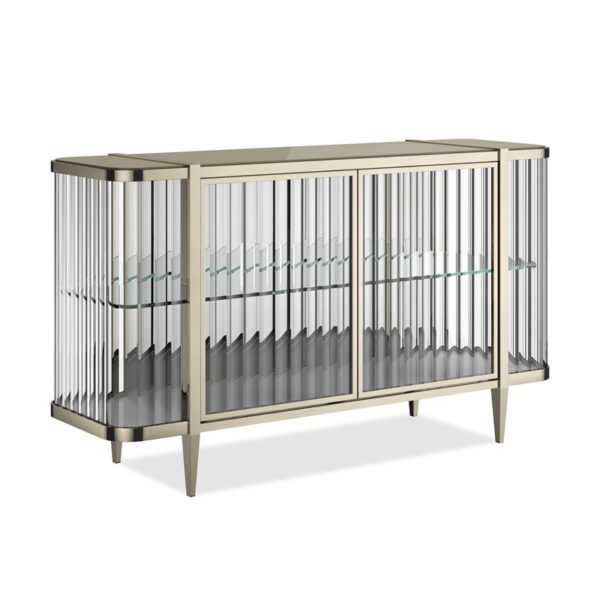Stop and Stare by Caracole — a stunning console table with a sculptural metal base and clear glass top.