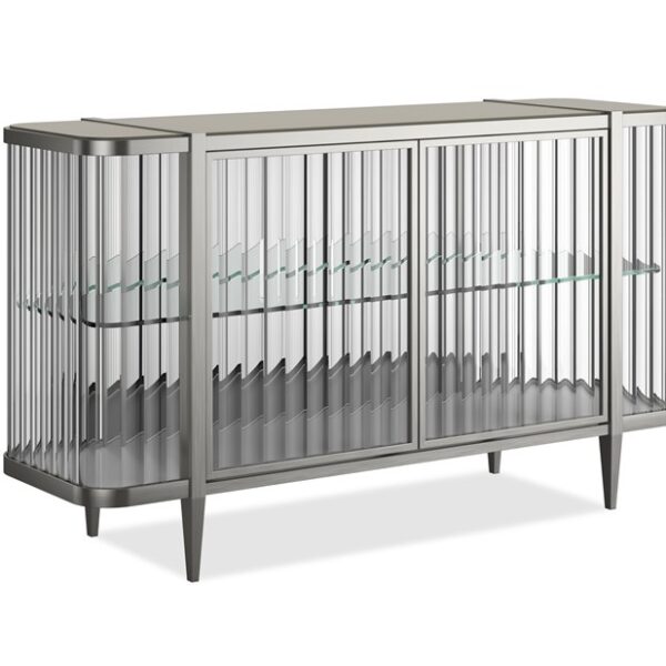 Stop and Stare by Caracole — a dramatic console table with a gold-finished metal base and a clear glass top.