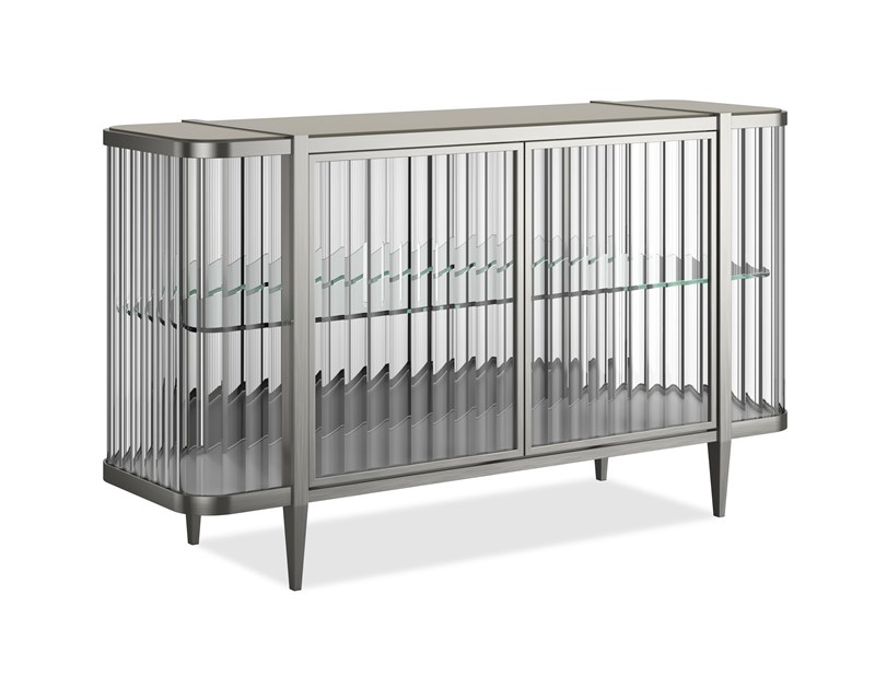 Stop and Stare by Caracole — a dramatic console table with a gold-finished metal base and a clear glass top.