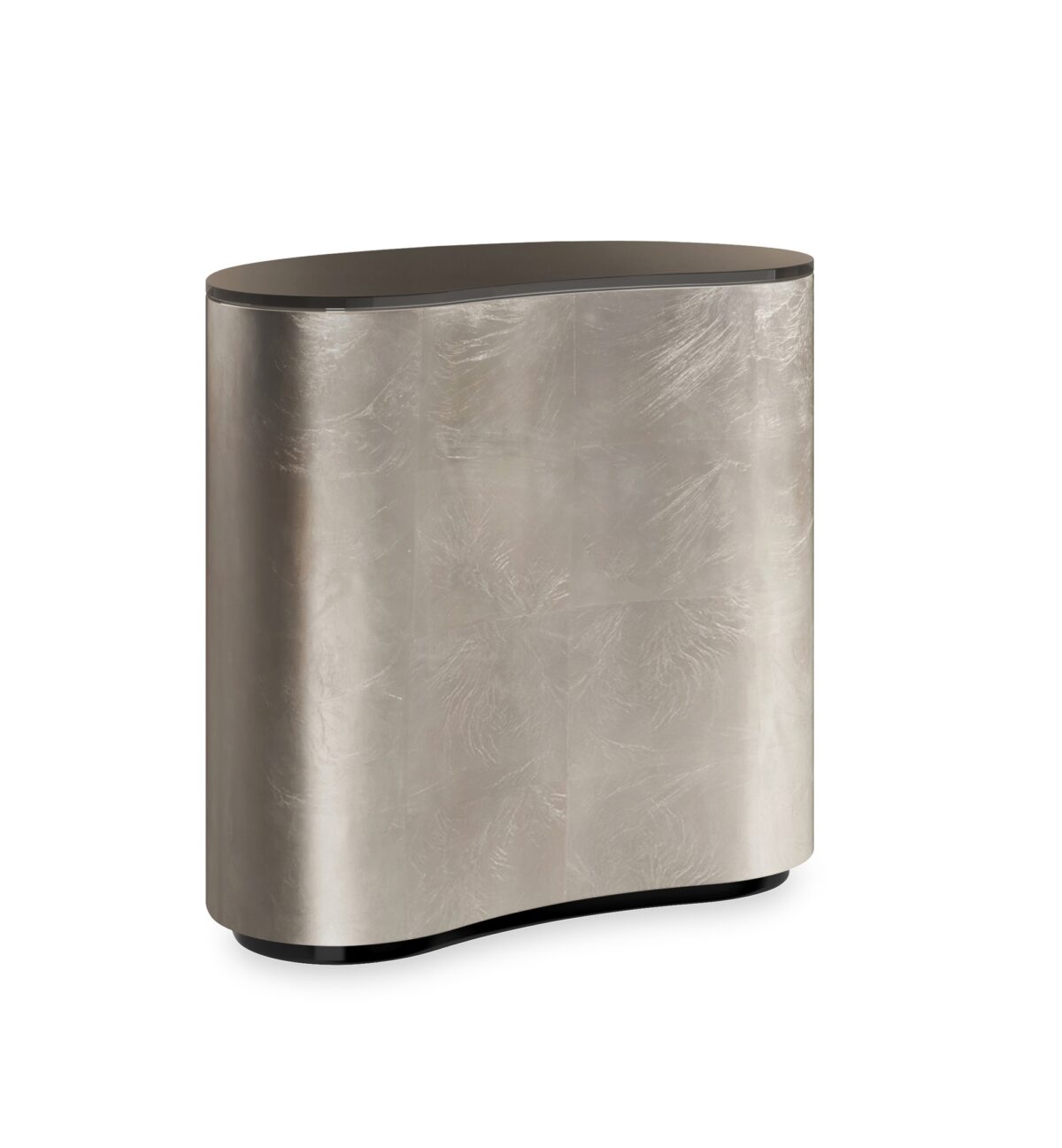 Amalie Kidney Table by Caracole with Smoked Bronze glass top and Charcoal Leaf finish, perfect for contemporary spaces.