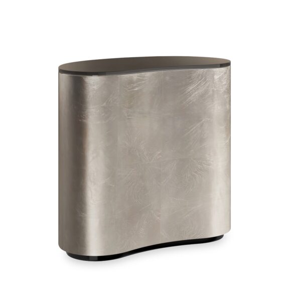 Amalie Kidney Table by Caracole with Smoked Bronze glass top and Charcoal Leaf finish, perfect for contemporary spaces.
