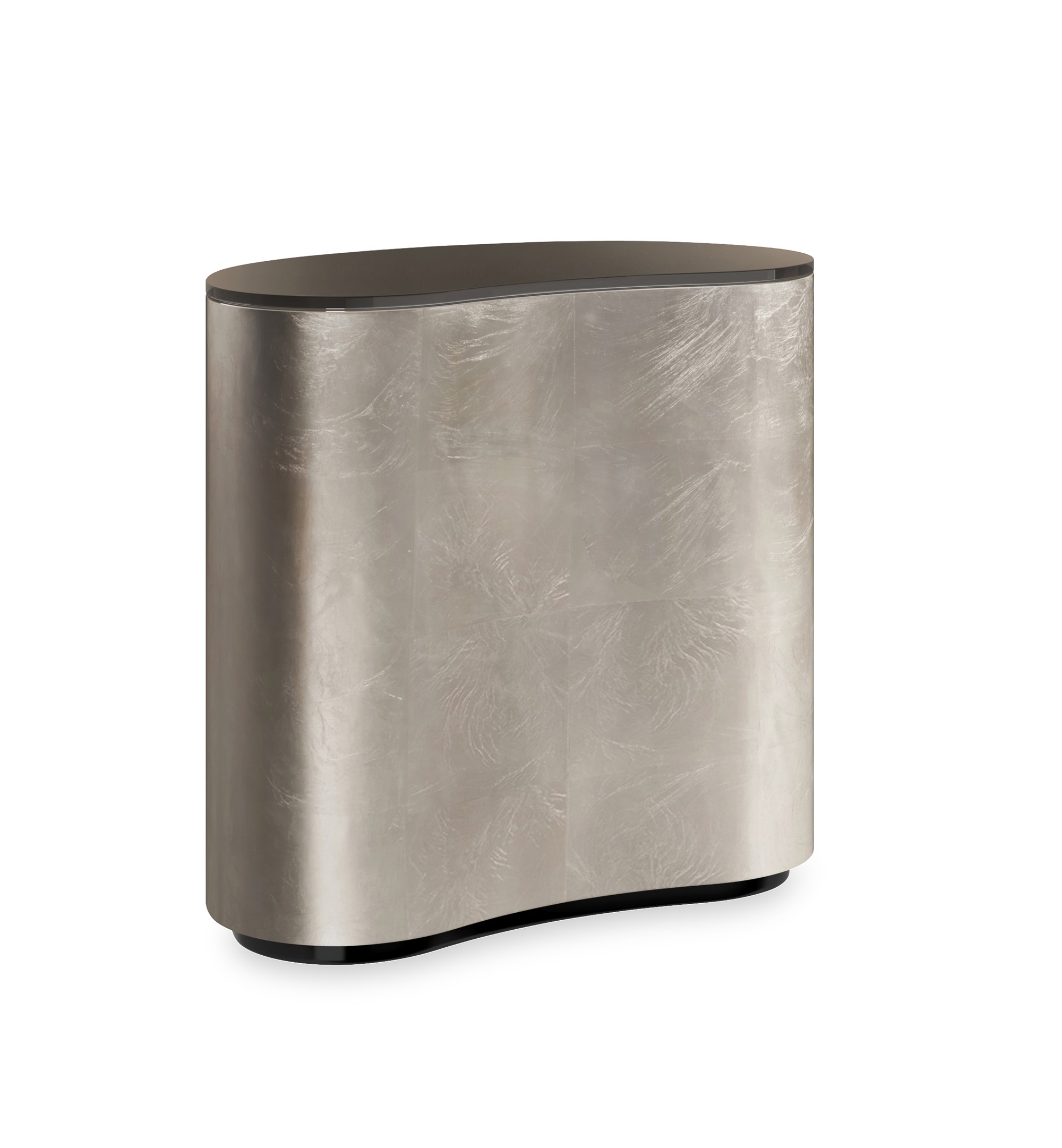 Amalie Kidney Table by Caracole with Smoked Bronze glass top and Charcoal Leaf finish, perfect for contemporary spaces.