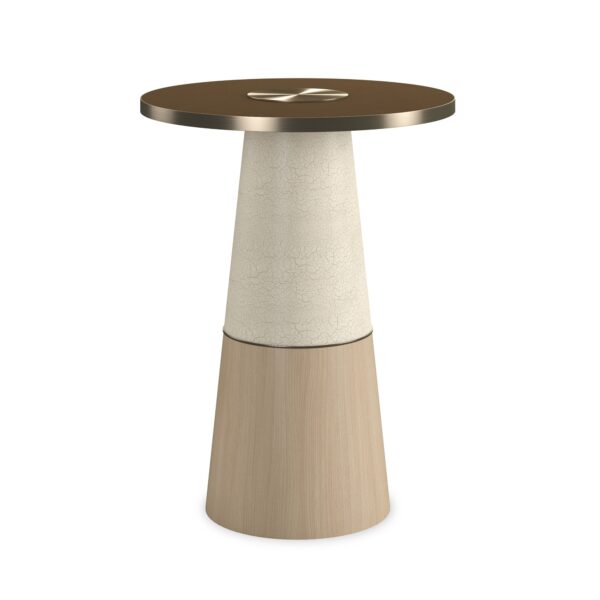 Aperture Side Table by Caracole – Smoked Bronze glass top with Brushed Gold center disc, Forest Craze crackle finish, and Seal Skin base.