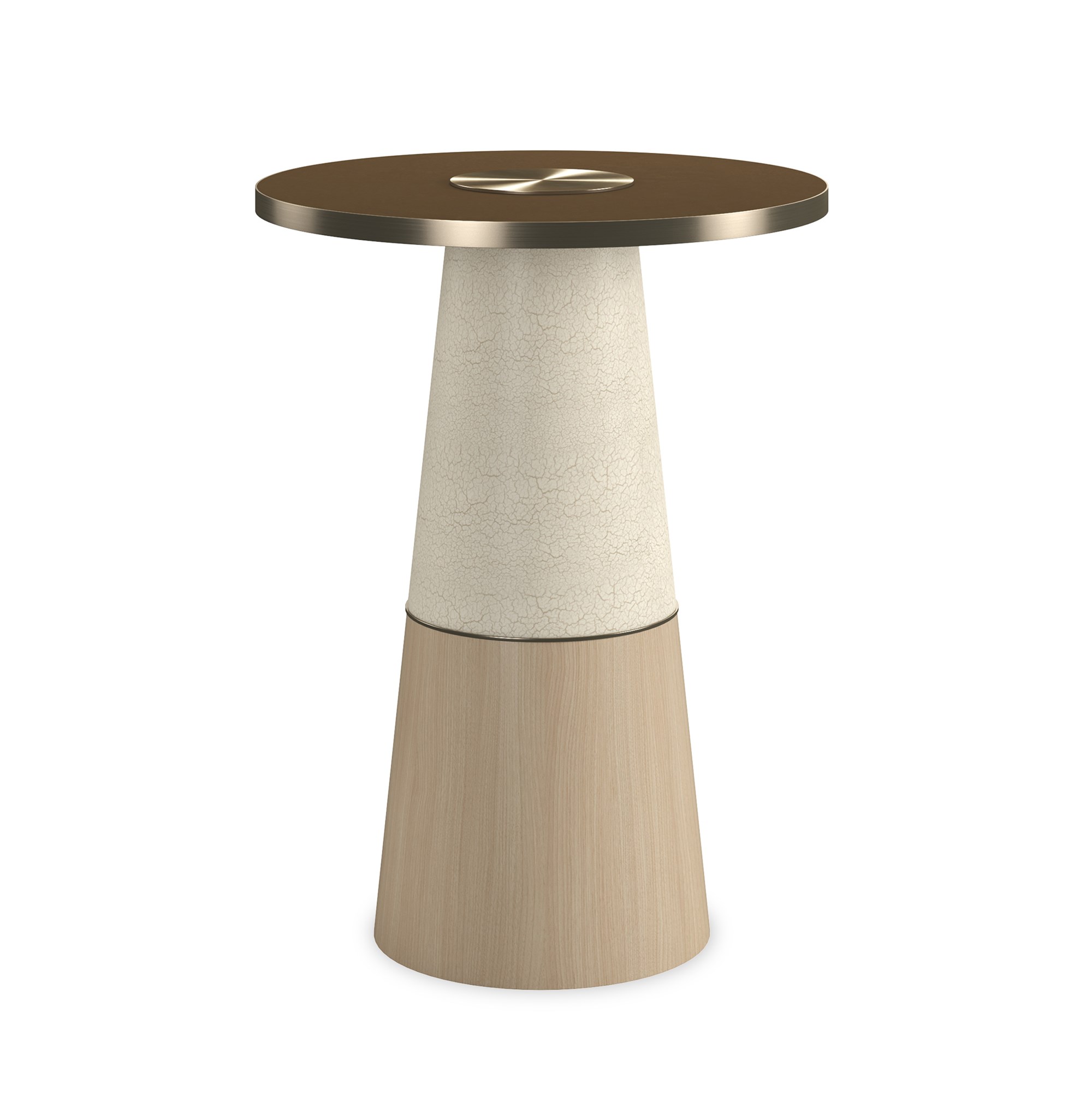 Aperture Side Table by Caracole – Smoked Bronze glass top with Brushed Gold center disc, Forest Craze crackle finish, and Seal Skin base.