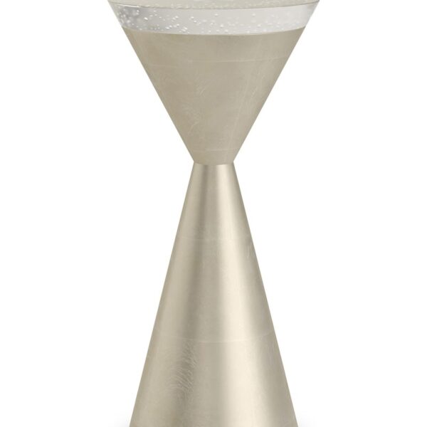 Spy Glass Side Table by Caracole – Bevel-cut cast bubble glass top with shimmering silver leaf hourglass base.