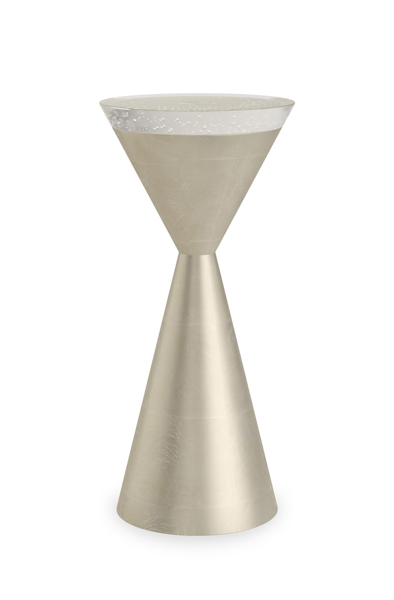 Spy Glass Side Table by Caracole – Bevel-cut cast bubble glass top with shimmering silver leaf hourglass base.