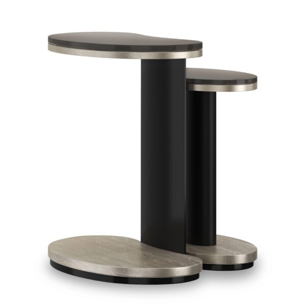Fritza Bunching End Tables by Caracole – Smoked Bronze glass tops with Deep Bronze metal legs, Charcoal Leaf wood panels, and Almost Black plinth base.