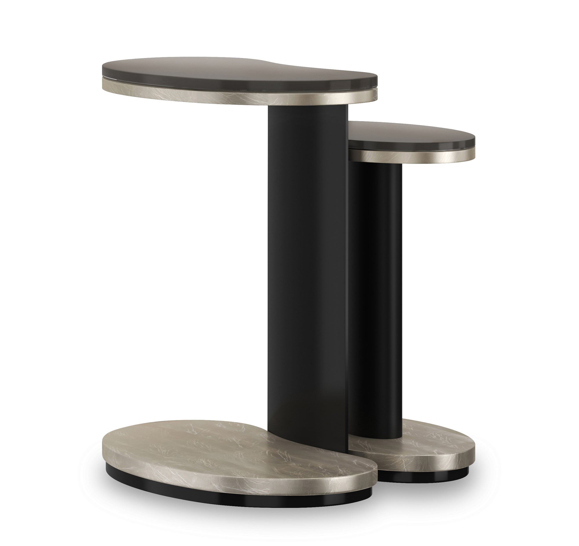 Fritza Bunching End Tables by Caracole – Smoked Bronze glass tops with Deep Bronze metal legs, Charcoal Leaf wood panels, and Almost Black plinth base.