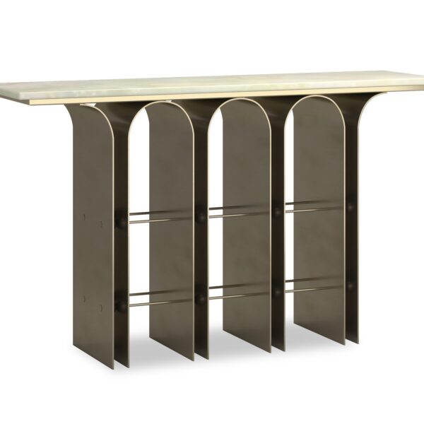 Nexus Console Table by Caracole – Green Onyx Marble top with Brushed Gold metal frame and Brushed Deep Bronze arches.