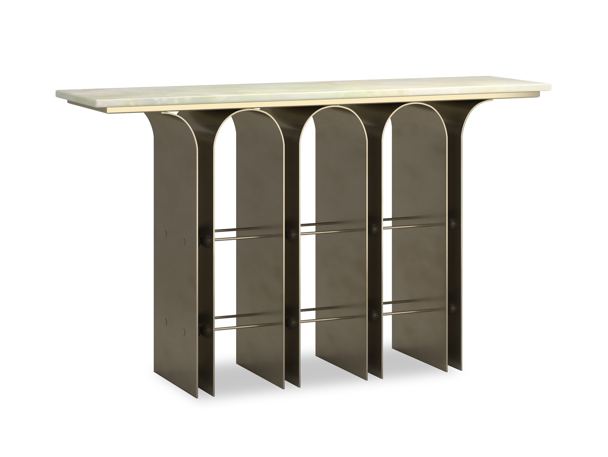 Nexus Console Table by Caracole – Green Onyx Marble top with Brushed Gold metal frame and Brushed Deep Bronze arches.