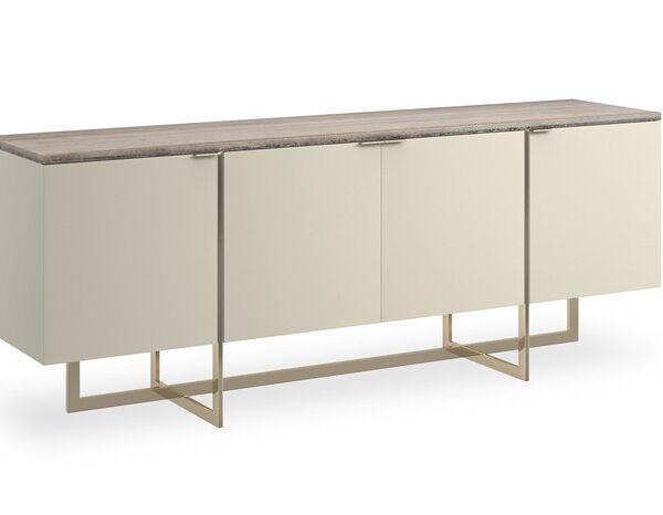 Caracole Wish You Were Here Media Cabinet featuring a Flowing Sandstone top, Pearl-painted case, Whisper of Gold metal frame, and intersecting bar base, offering